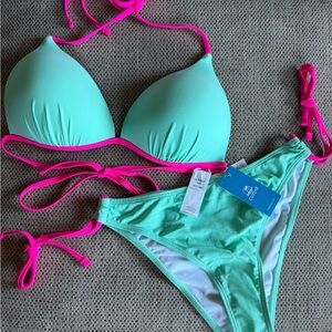 Cupshe Aqua and Neon Pink Bikini Set